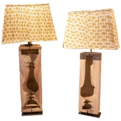 Retro Pair of Lamps Made from Wooden Moulds with Flattened Lampshades