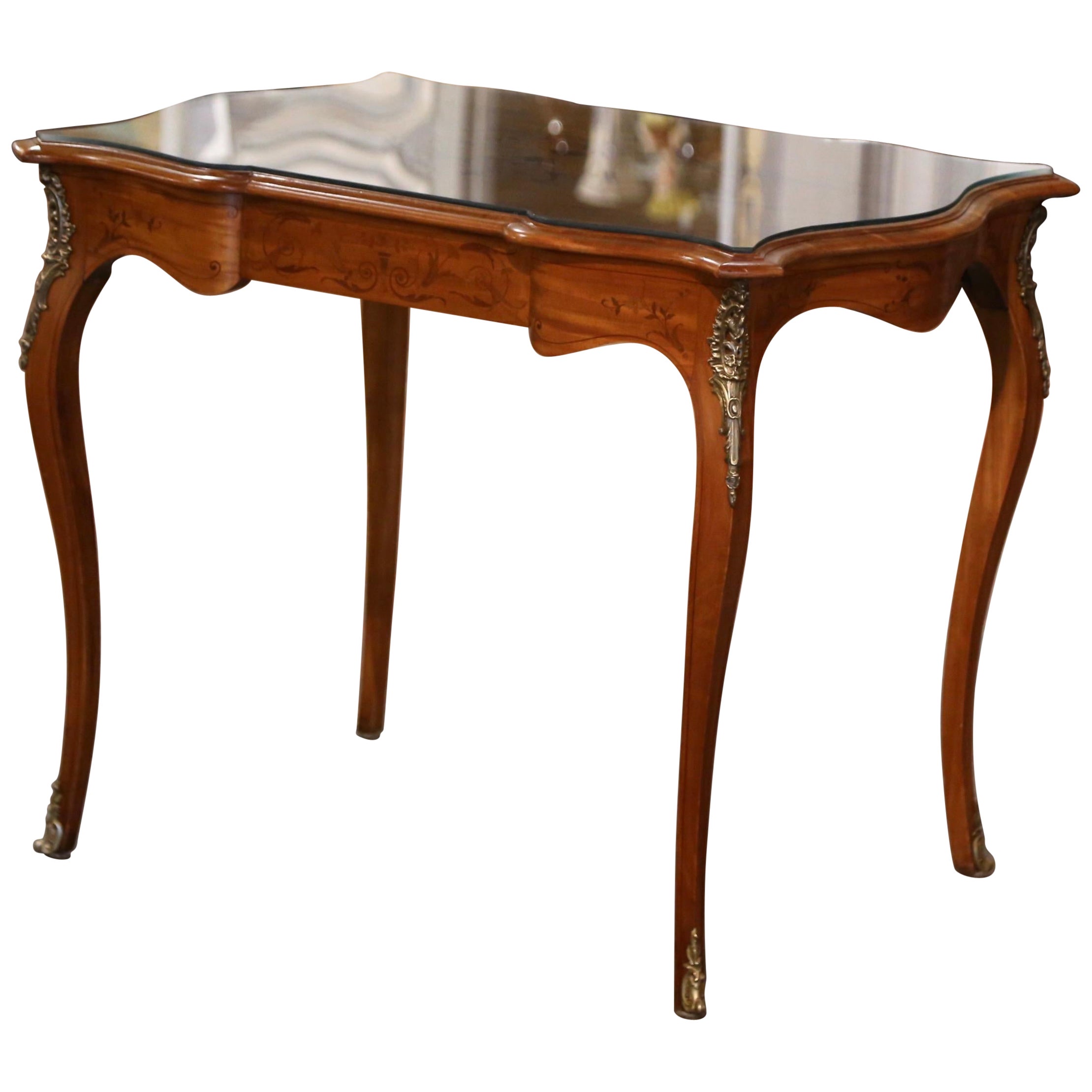 Early 20th Century French Louis XV Inlaid Walnut Table with Protective Glass  For Sale