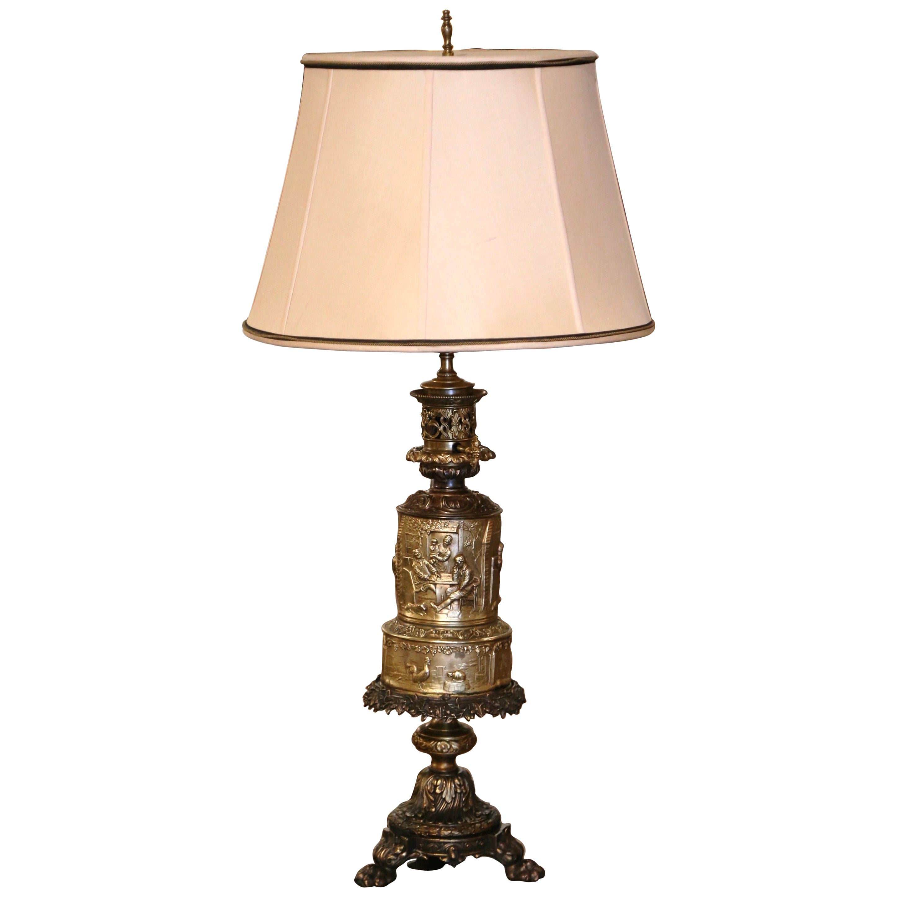 19th Century French Repousse Brass Oil Table Lamp with Tavern Scenes
