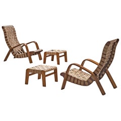 Sculptural Lounge Chairs with Ottomans in Canvas and Plywood