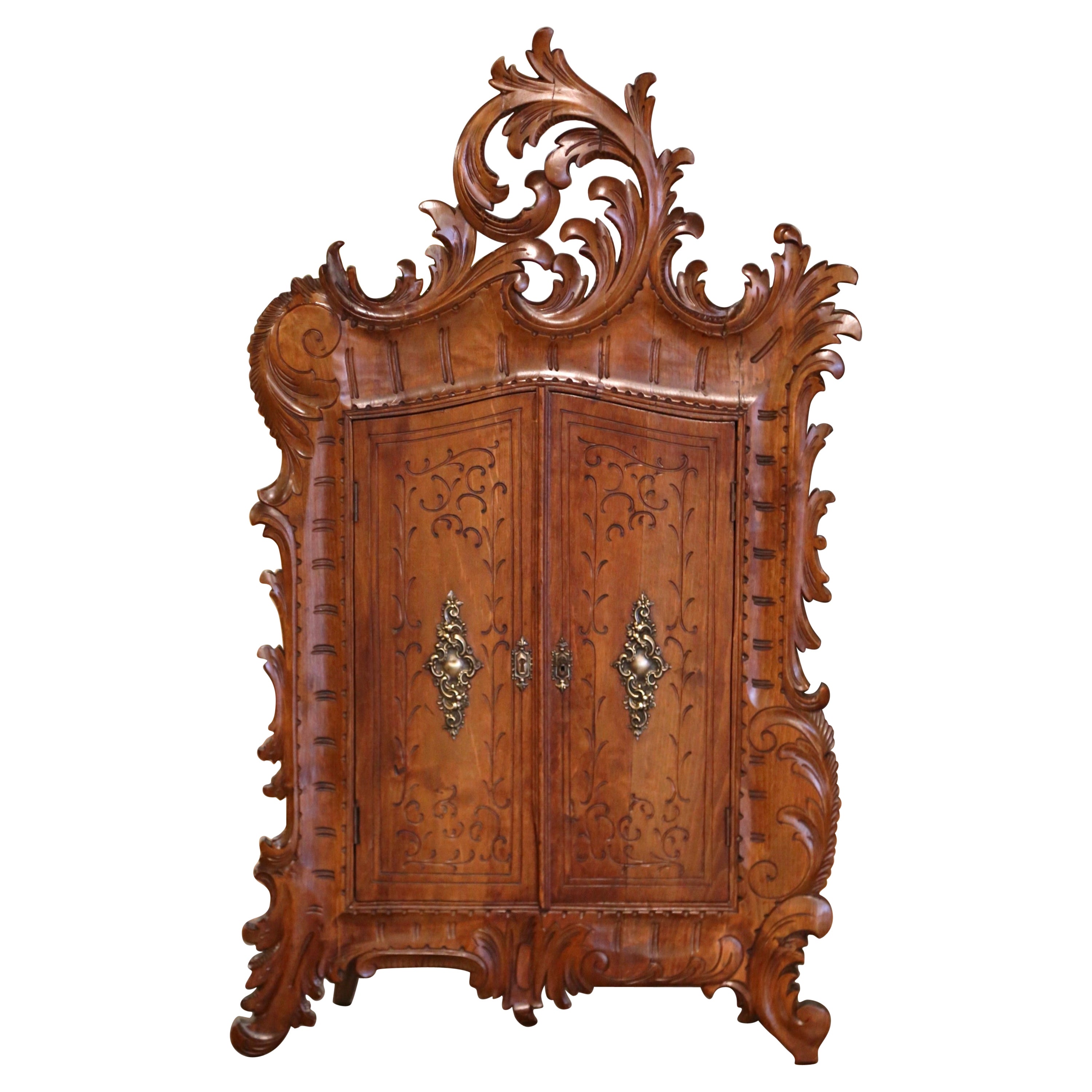 19th Century French Louis XV Carved Walnut Two-Door Wall Vitrine Cabinet 