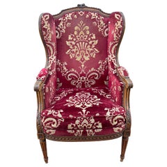 Mid 19th Century Louis XVI Red Velvet Damask Fireside Chair