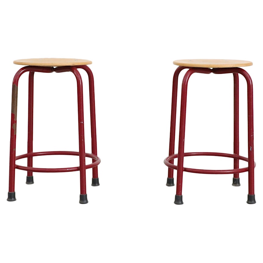 Fritz Hansen Style Task Stools with Red Enameled Frames For Sale