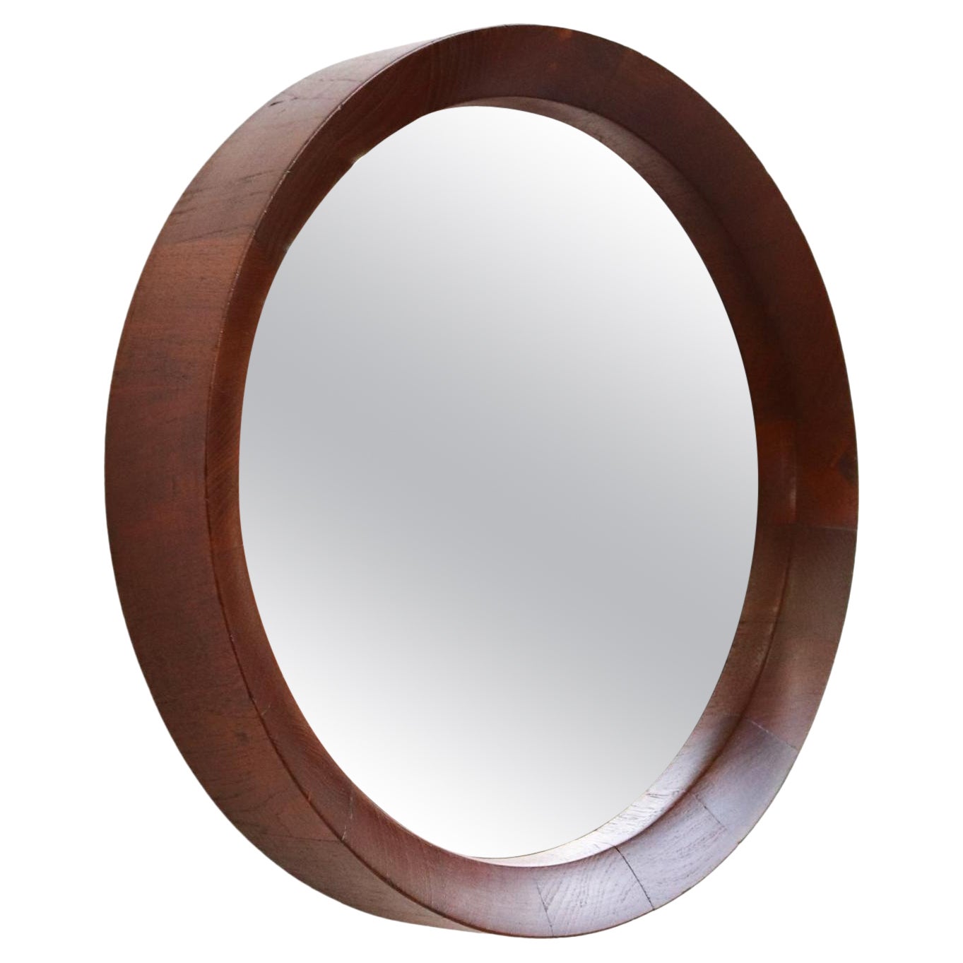 Mid-Century Jacques Adnet Inspired Round Teak Mirror For Sale