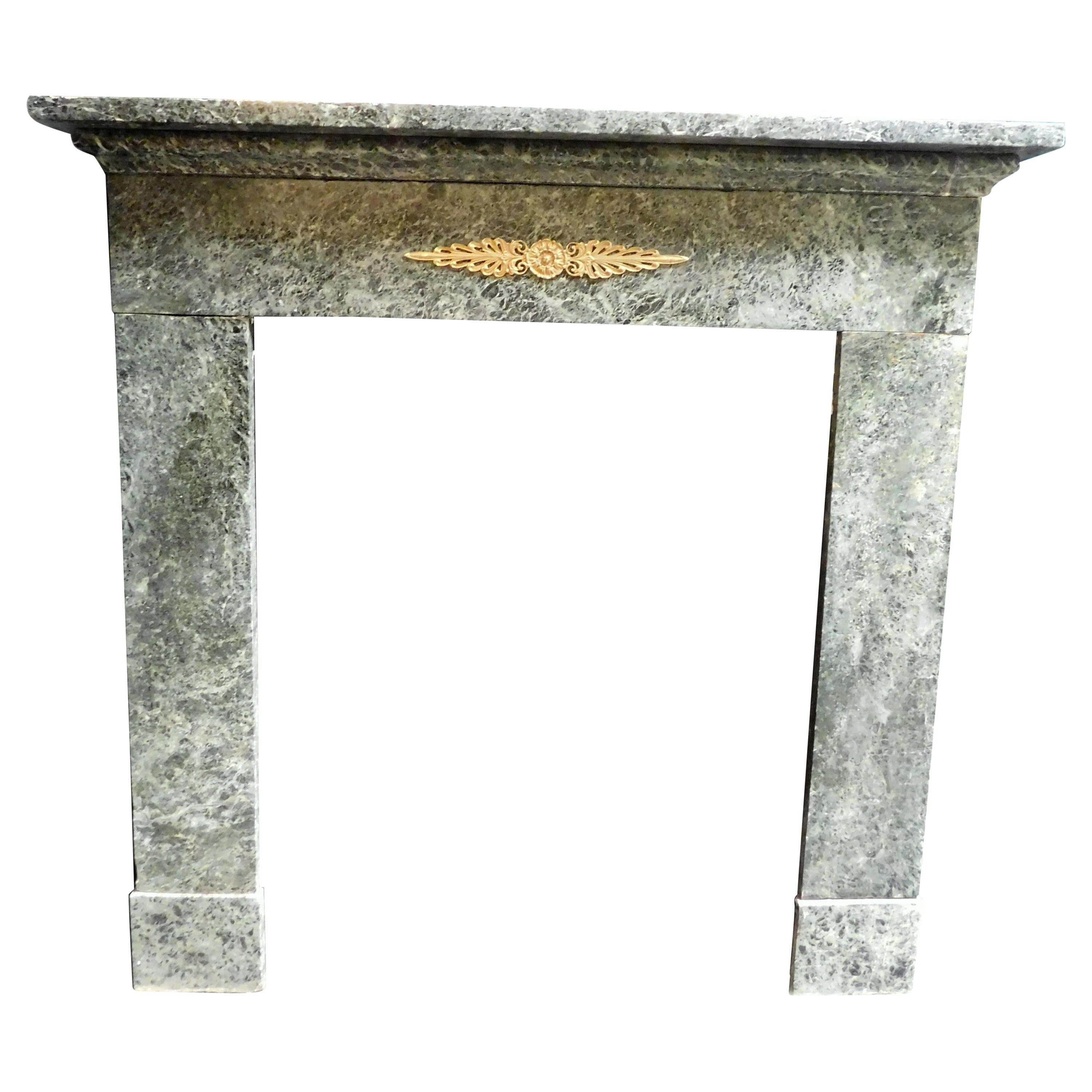 Fireplace in "verde Alpi" marble with brass, Italy For Sale