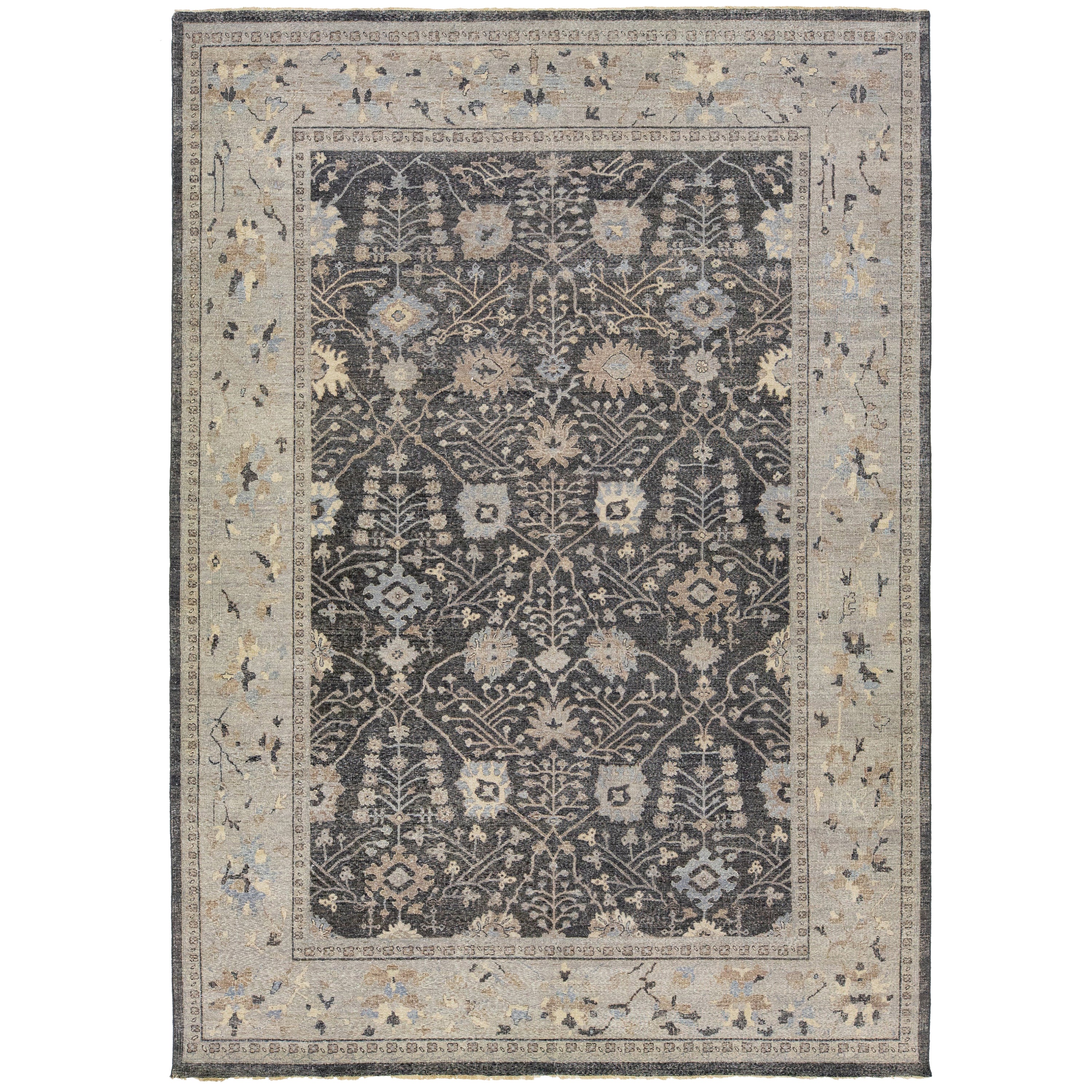 Allover Moderner Mahal-Teppich aus indischer Wolle in Holzkohle von Apadana im Angebot