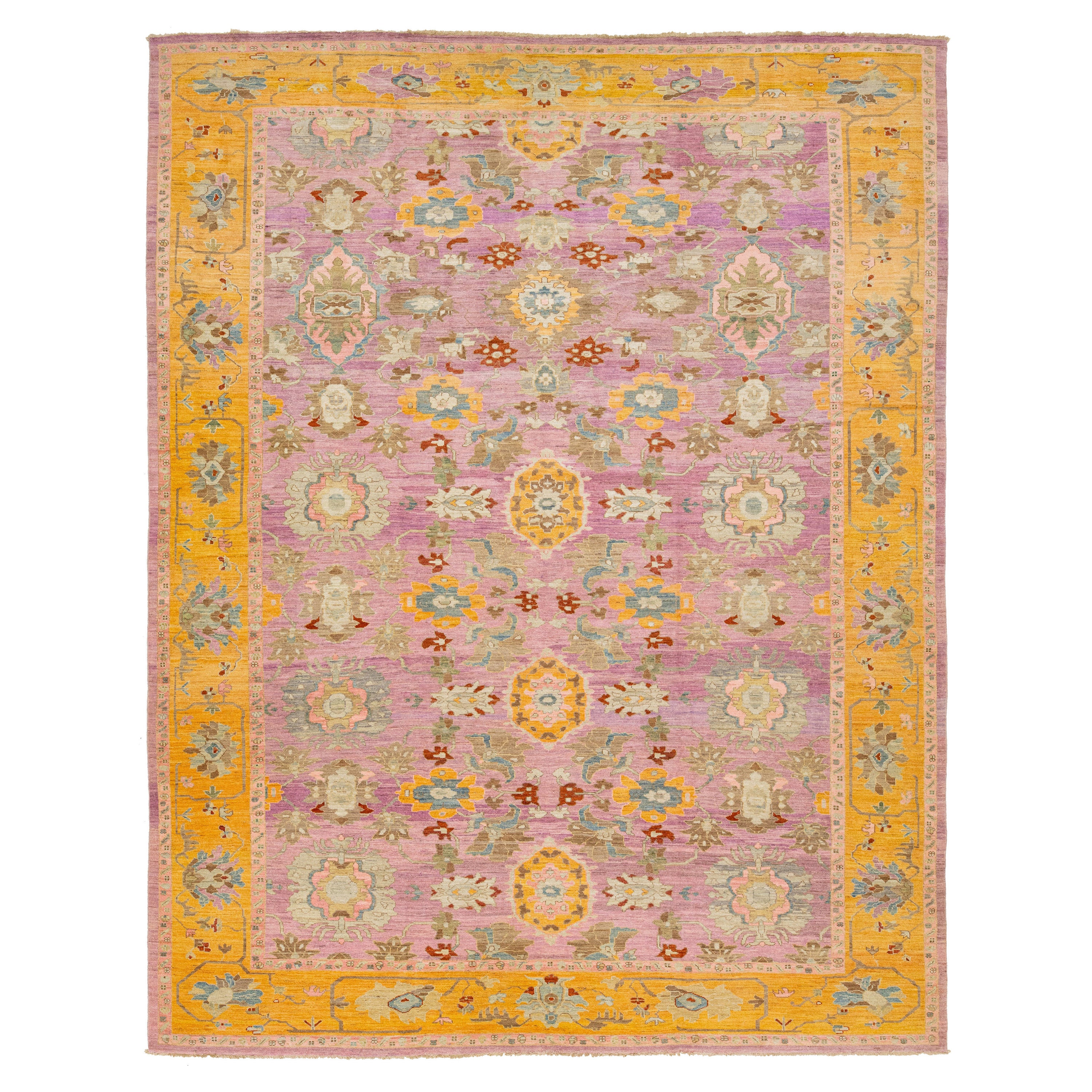Pink Modern Oushak Style Wool Rug Features Allover Pattern  For Sale