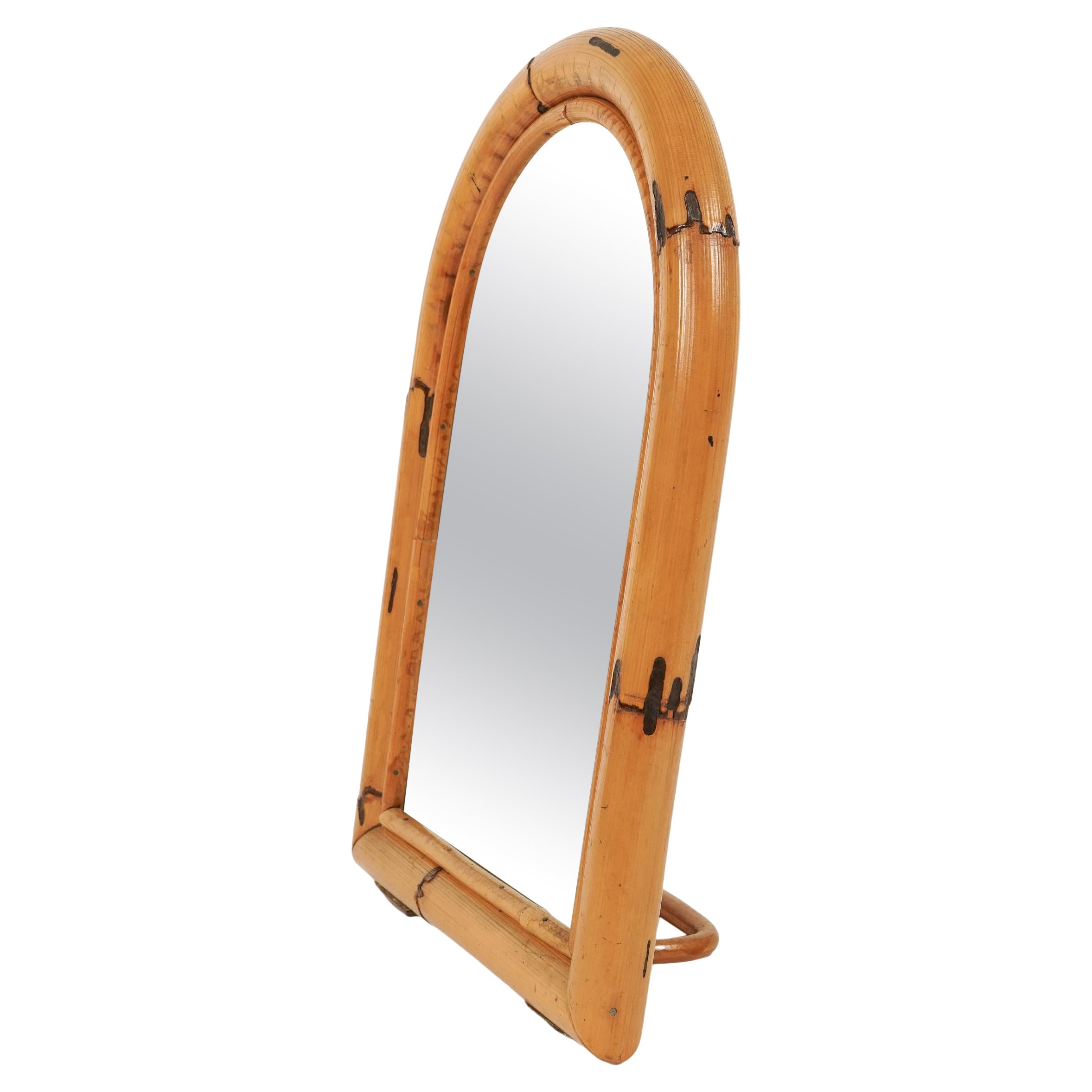 Midcentury Arched Bamboo and Rattan Table Mirror, Italy 1970s For Sale