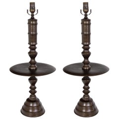 Antique Dark Bronze Dutch Turned Table Lamps (28") Pair