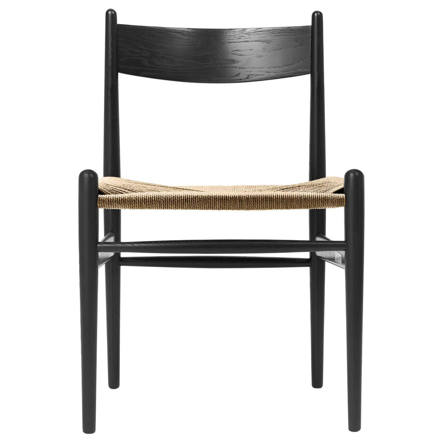 CH36 Chaise de salle à manger en Beeche Wood peint en noir avec cordon en papier naturel en vente