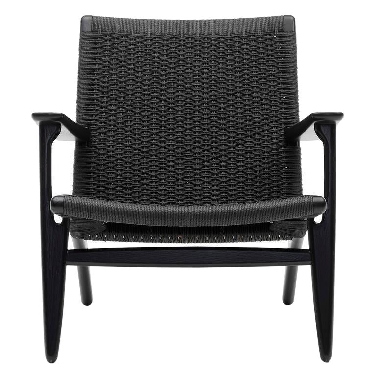 CH25 Easy Chair in Oak Painted Black Finish with Black Papercord *Quickship* For Sale