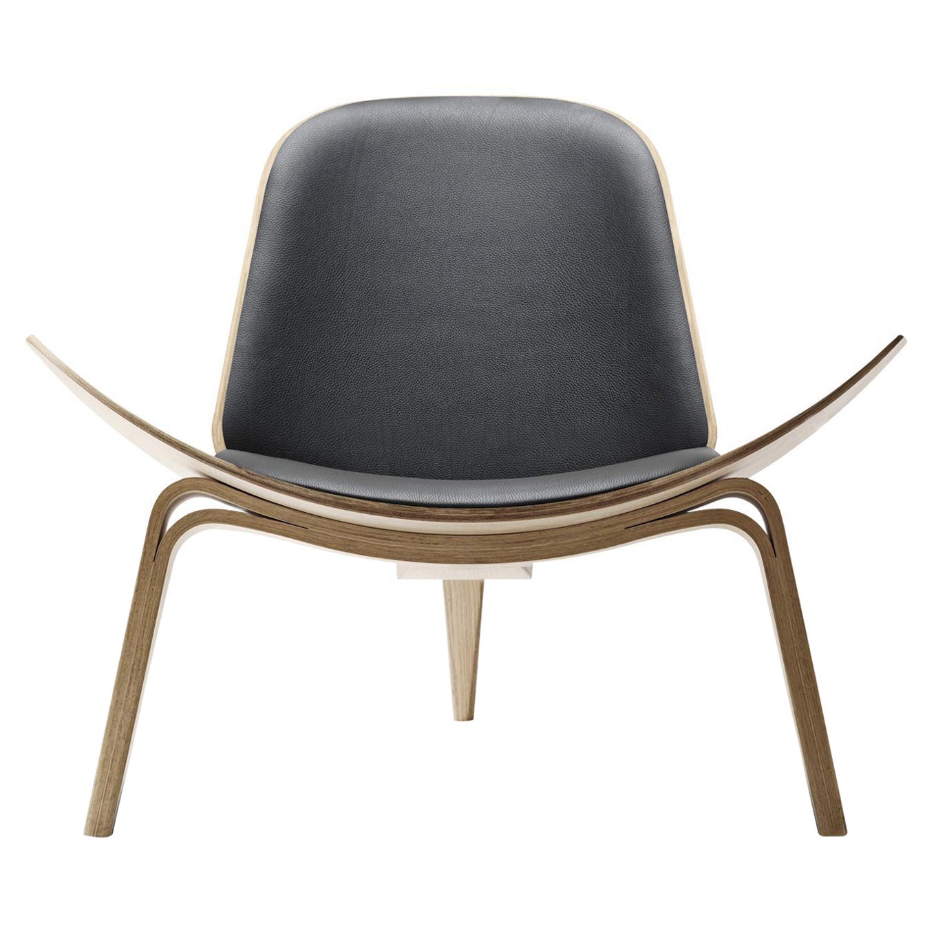 CH07 Shell Chair in Oak White Oil Finish with Loke 7150 Black Leather Seat For Sale