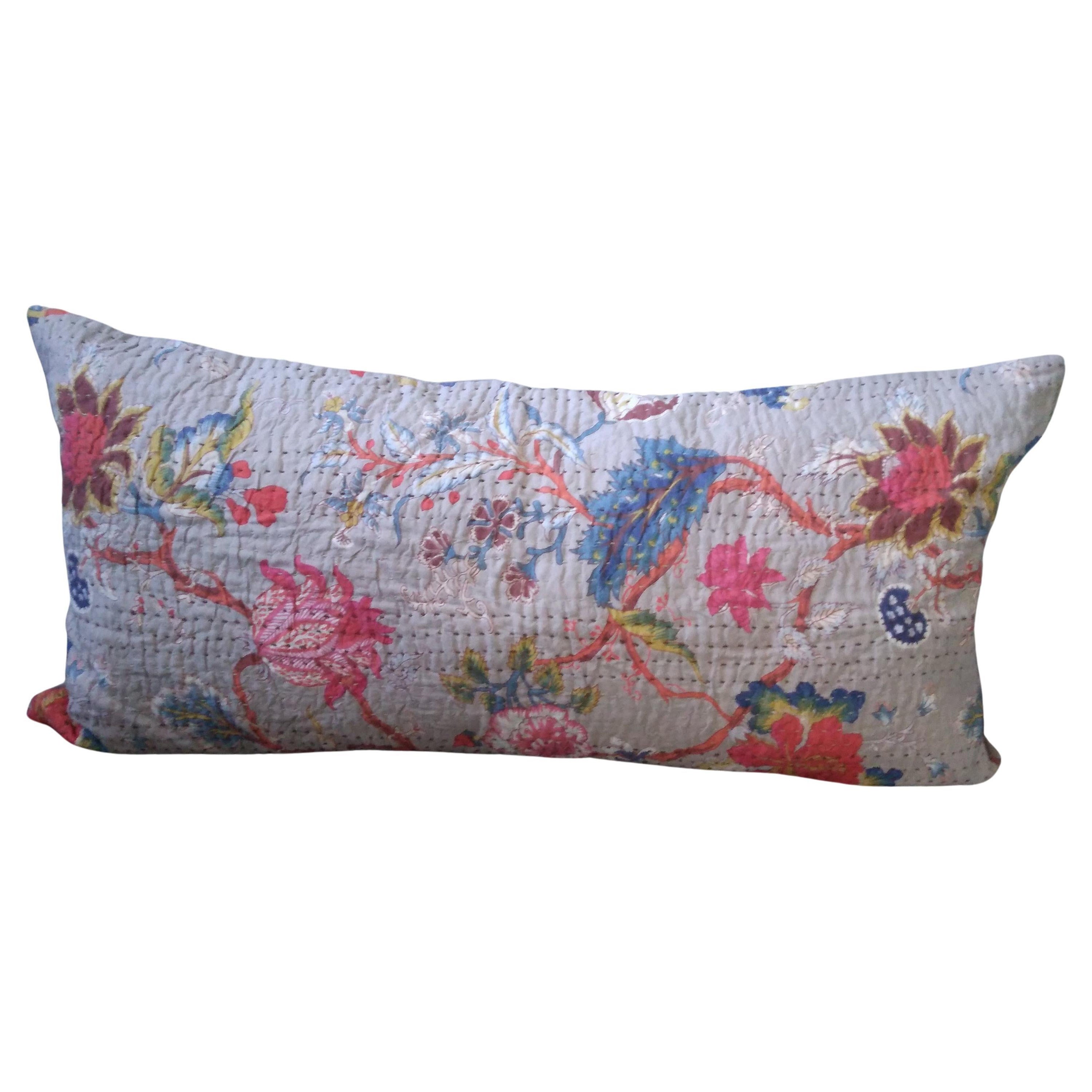 Kantha-inspired Botanical Lumbar Bolster Pillow in Pink and Gray  For Sale