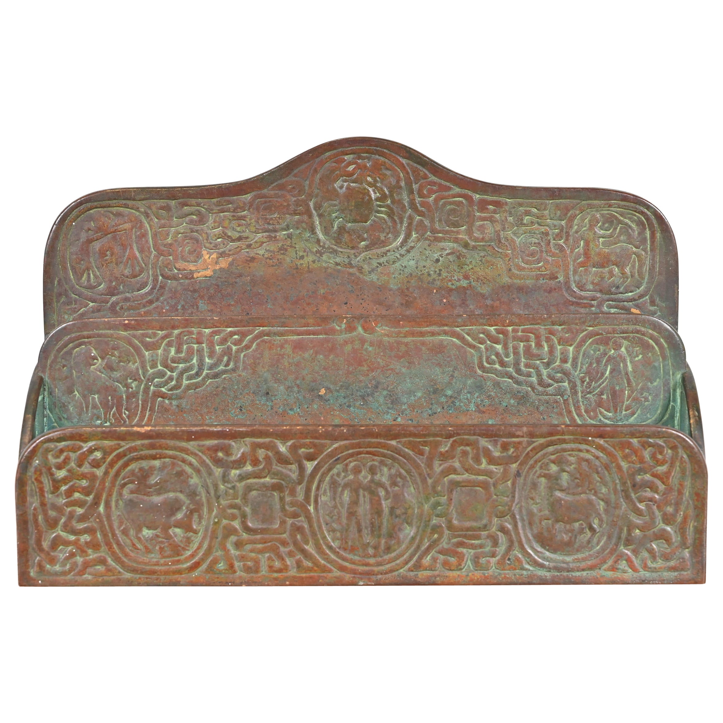 Tiffany Studios New York Zodiac Patinated Bronze Letter Rack, Circa 1910 For Sale