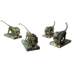 Antique Lion Fountains, Lifesize Outdoor Statues, Patinated Bronze, England, 1860s