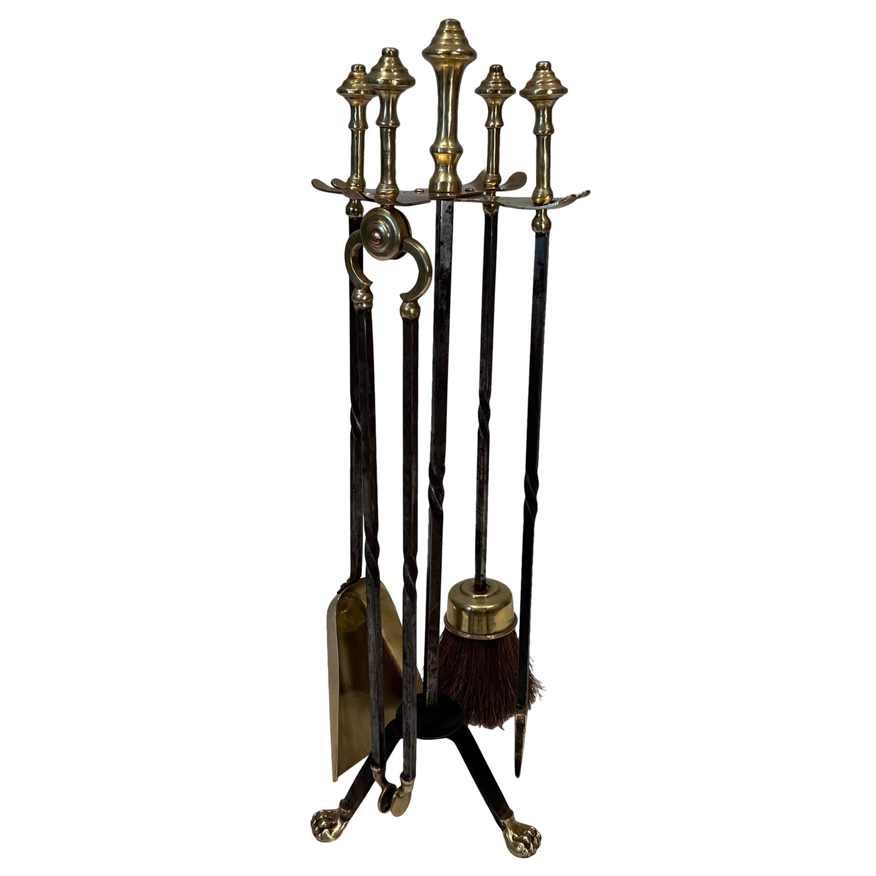 Brass and Brushed steel Fireplace Tools Attributed to Maison Jansen For Sale