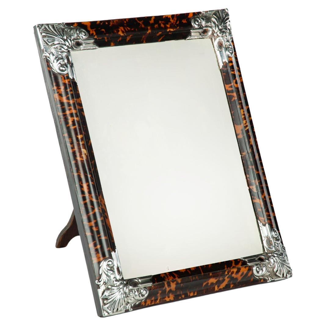 A large Art Deco silver mounted tortoiseshell easel mirror For Sale