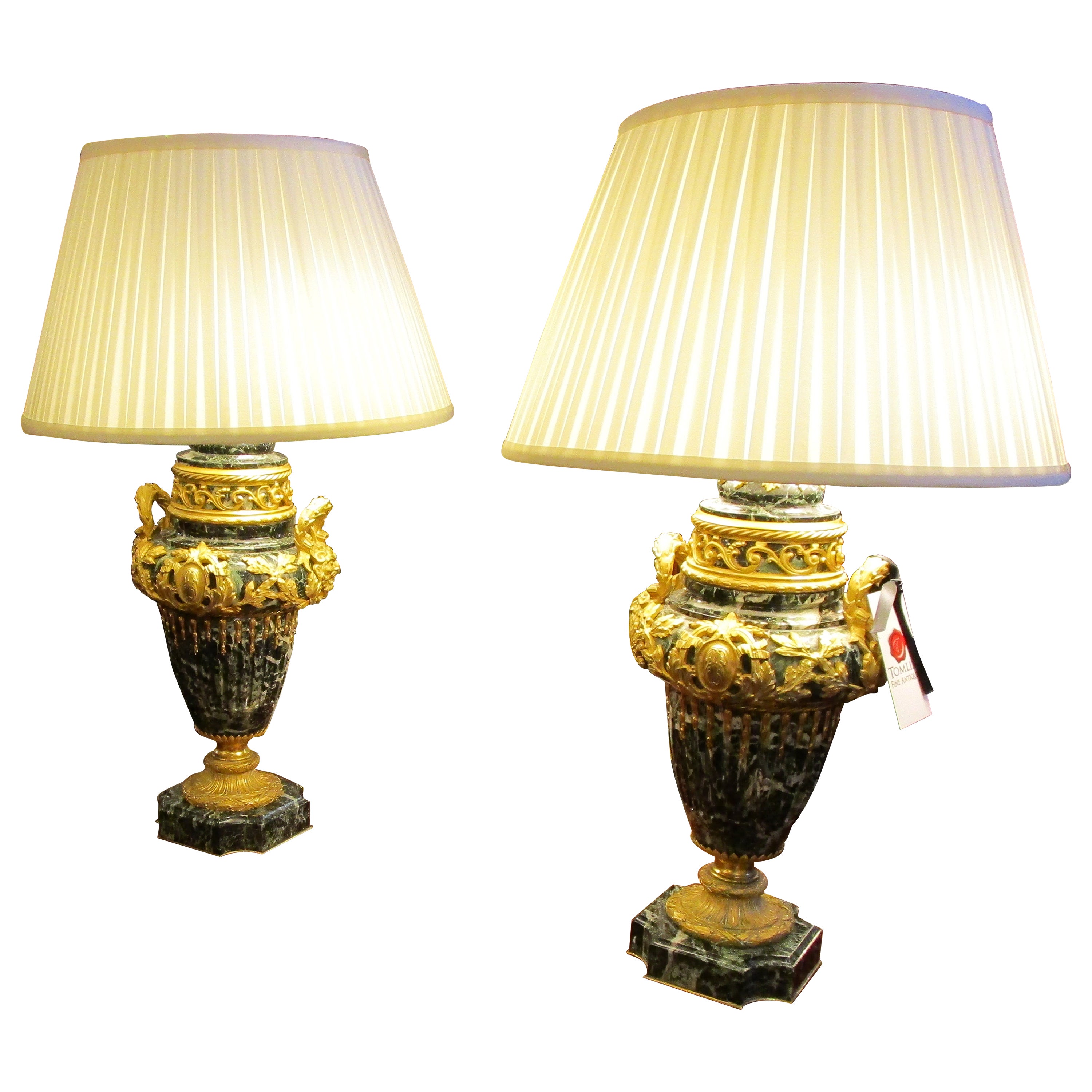 A fine pair of 19th c French Louis XVI marble and gilt bronze mounted urn lamps For Sale