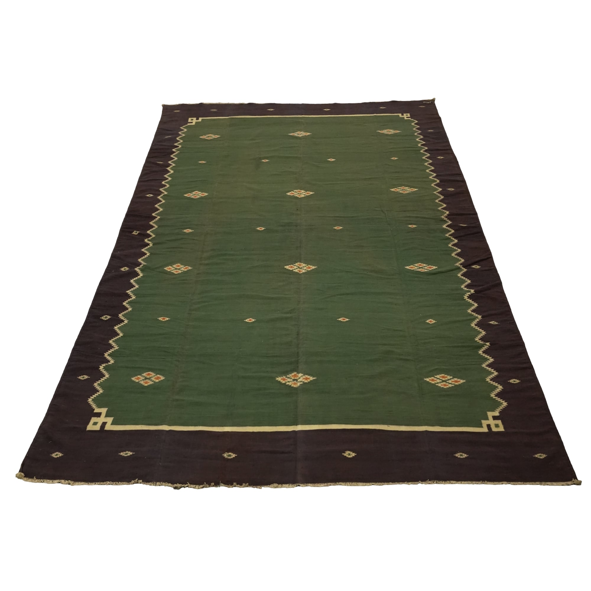Vintage Dhurrie Geometric Rug in Green and Brown from Rug & Kilim For Sale
