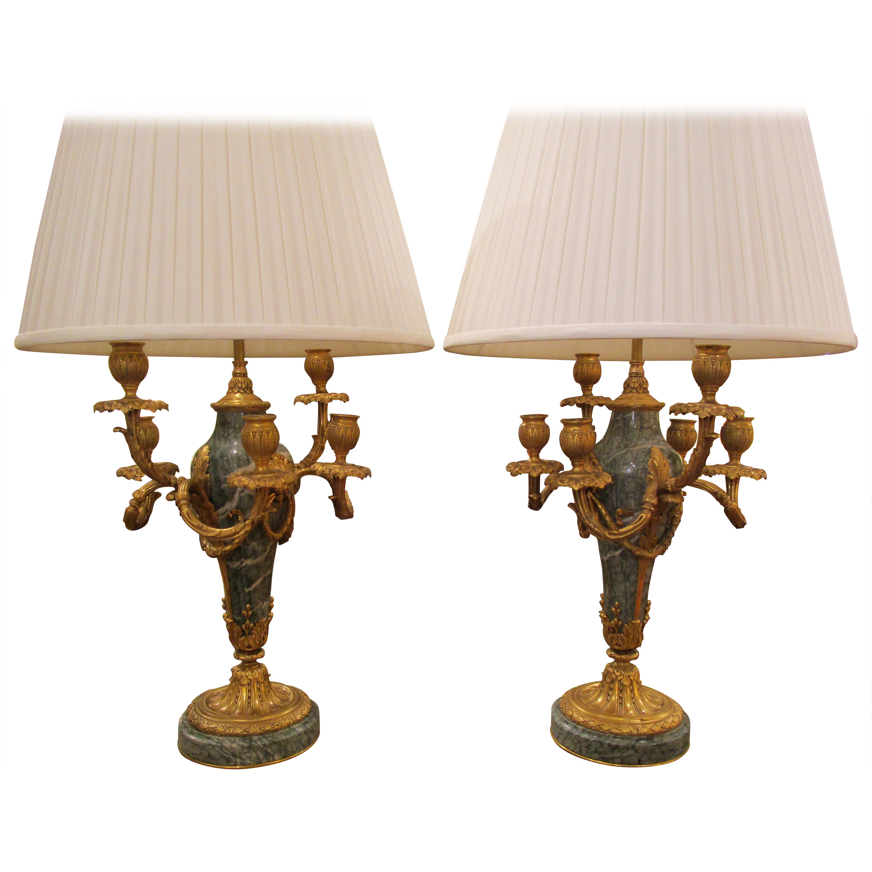 A  pair of signed 19th c  Louis XVI marble and gilt bronze lamps by Thiebault For Sale