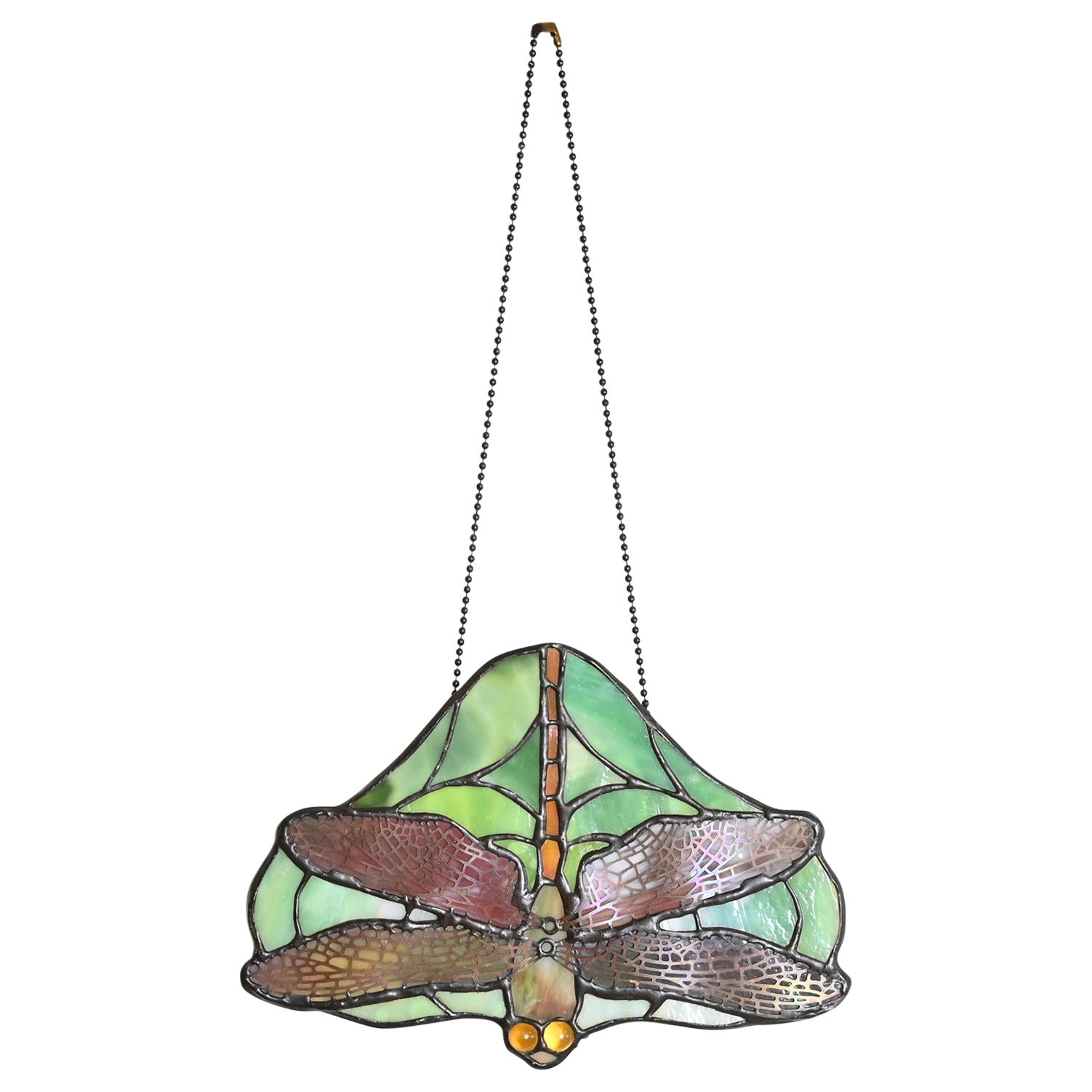Arts and Crafts-Lampe-Raumteiler-Pendelleuchte mit Libellenmuster aus Buntglas nach Tiffany Studios im Angebot