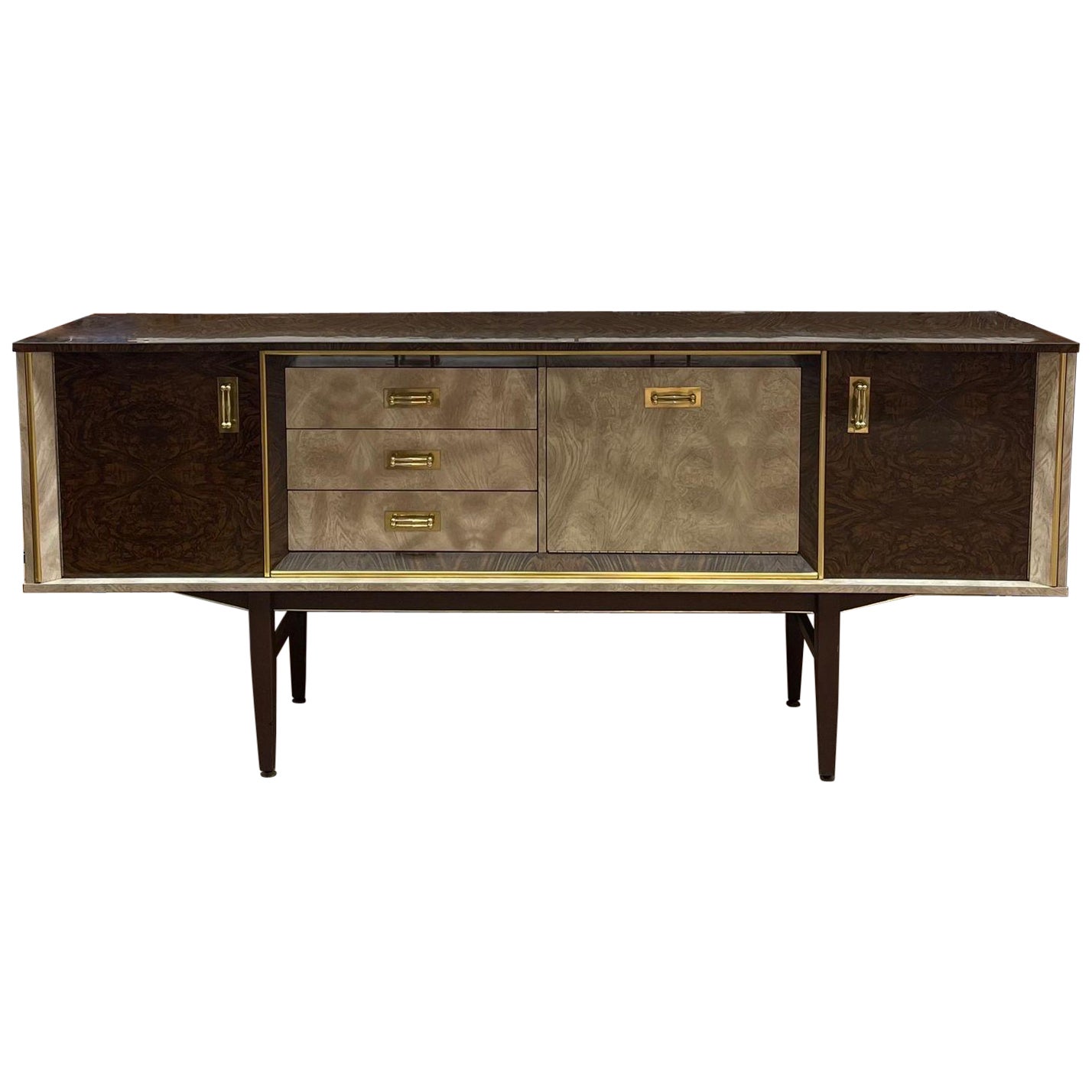 Vintage Retro Uk Import Two Toned Formica Credenza With Gold Accents. For Sale