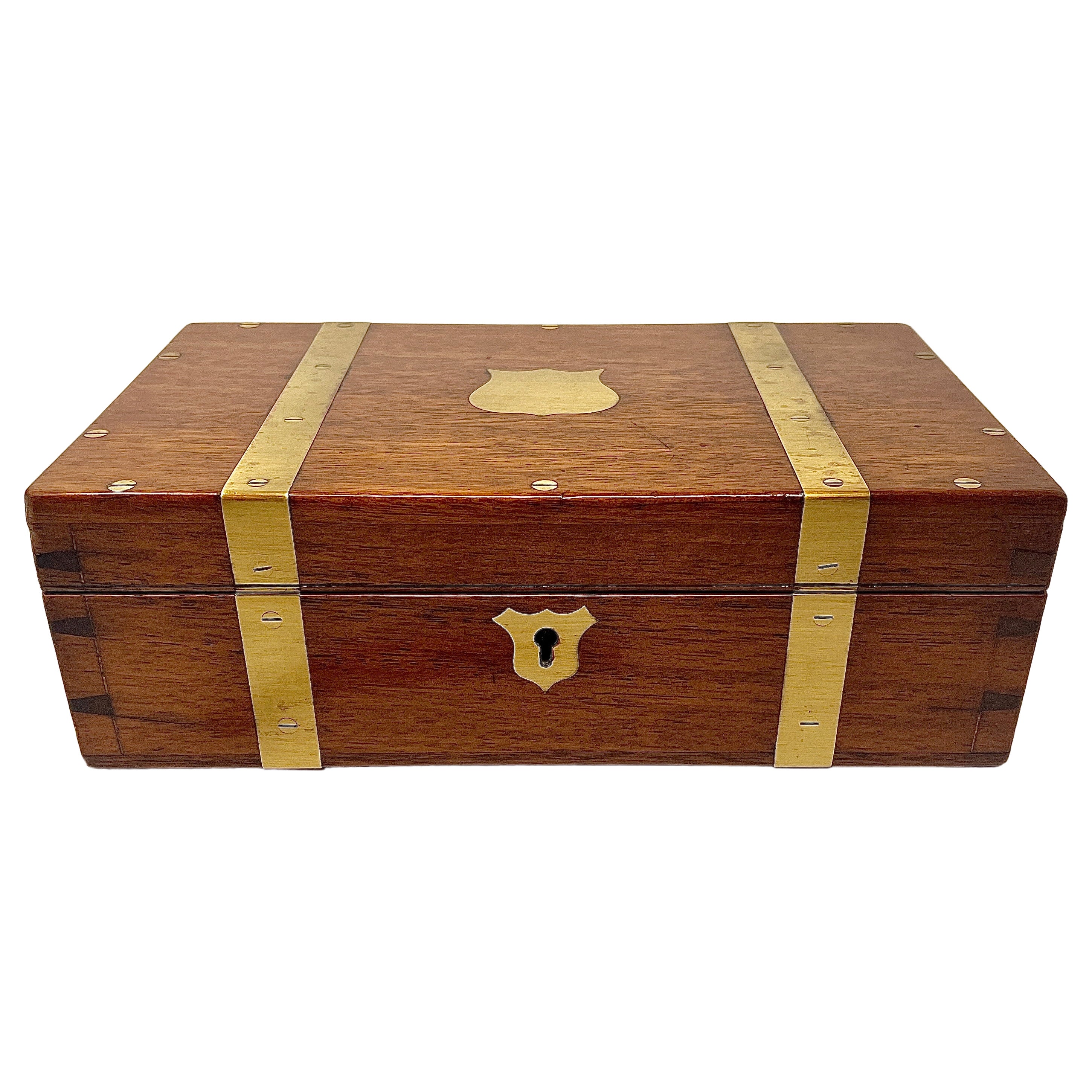 Antique English Brass Banded Walnut Travel Box, Circa 1880.