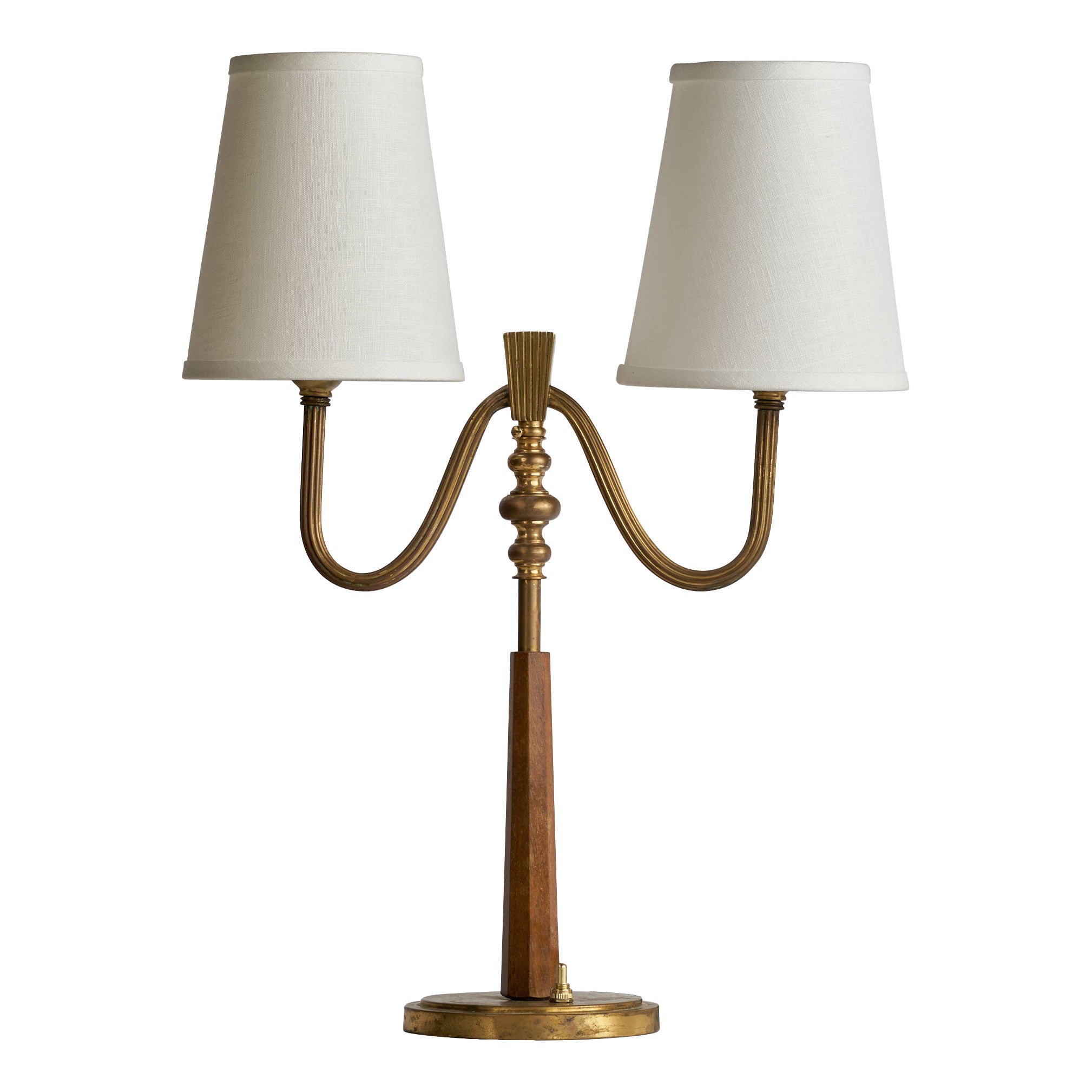 Böhlmarks, Table Lamp, Elm, Brass, Fabric, Sweden, 1930s For Sale