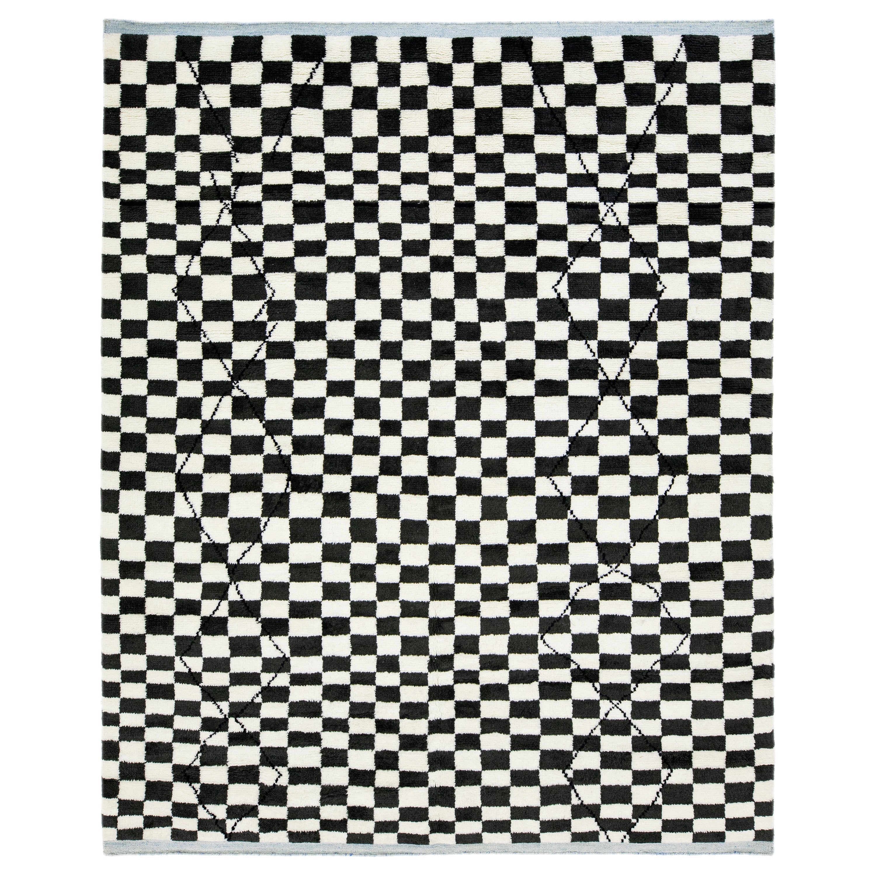 Moroccan-Style Modern Wool Rug With Checker Pattern In Black & White by Apadana For Sale