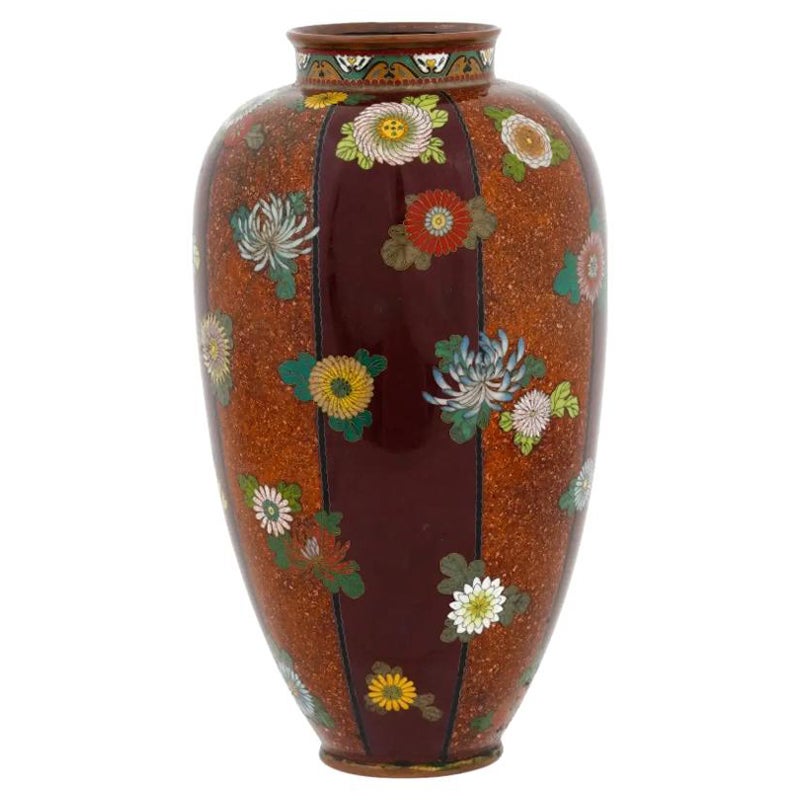 Large Japanese Cloisonne Stripe Vase with Chrysanthemums Namikawa Yasuyuki Meiji For Sale