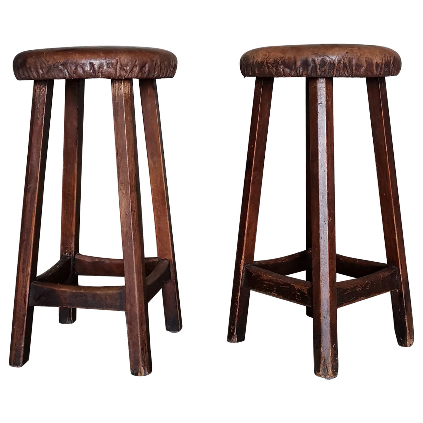 A pair of Swedish 1930-40s workshop stools in solid pine, original leather seats For Sale