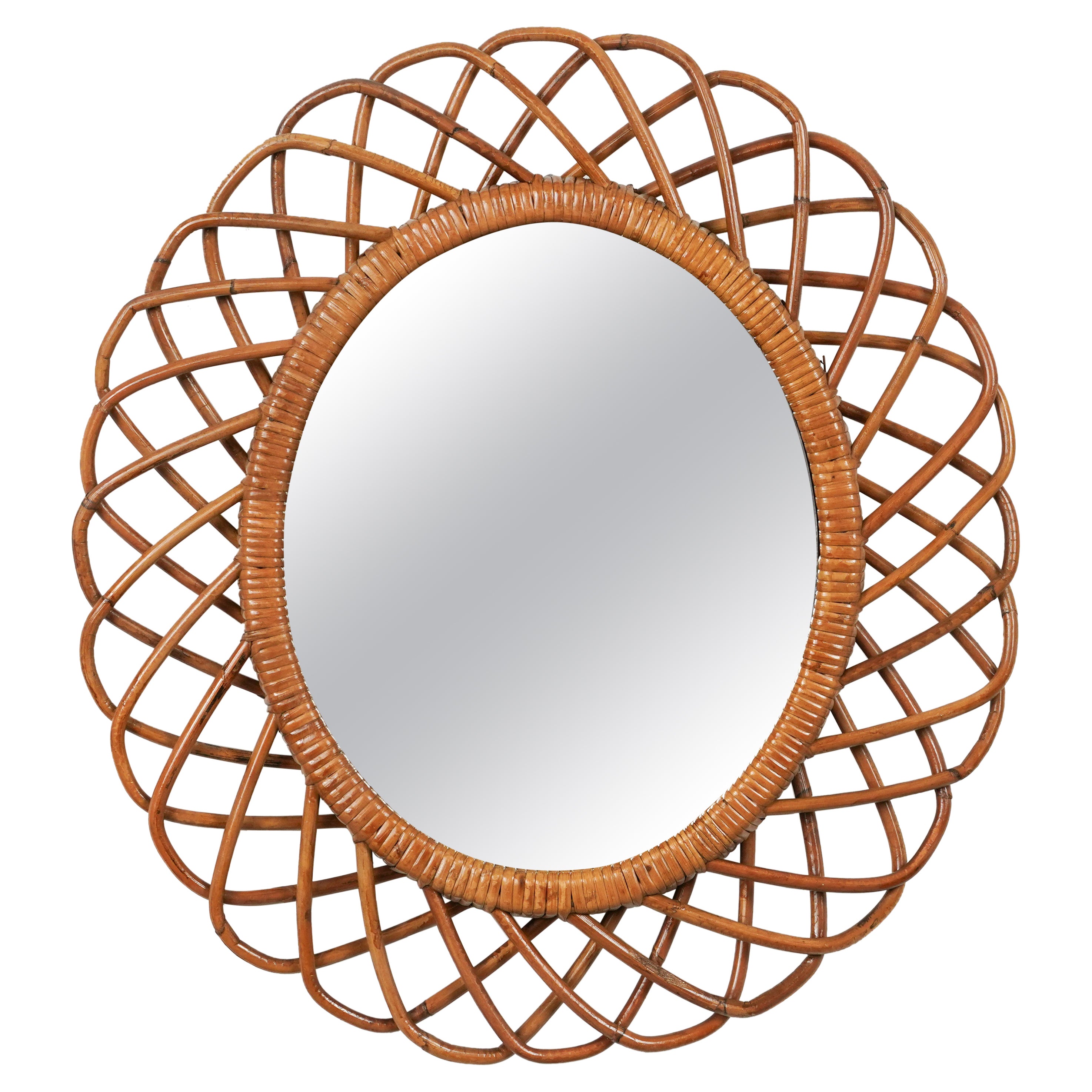 Midcentury Rattan and Bamboo Oval Wall Mirror, Italy 1960s