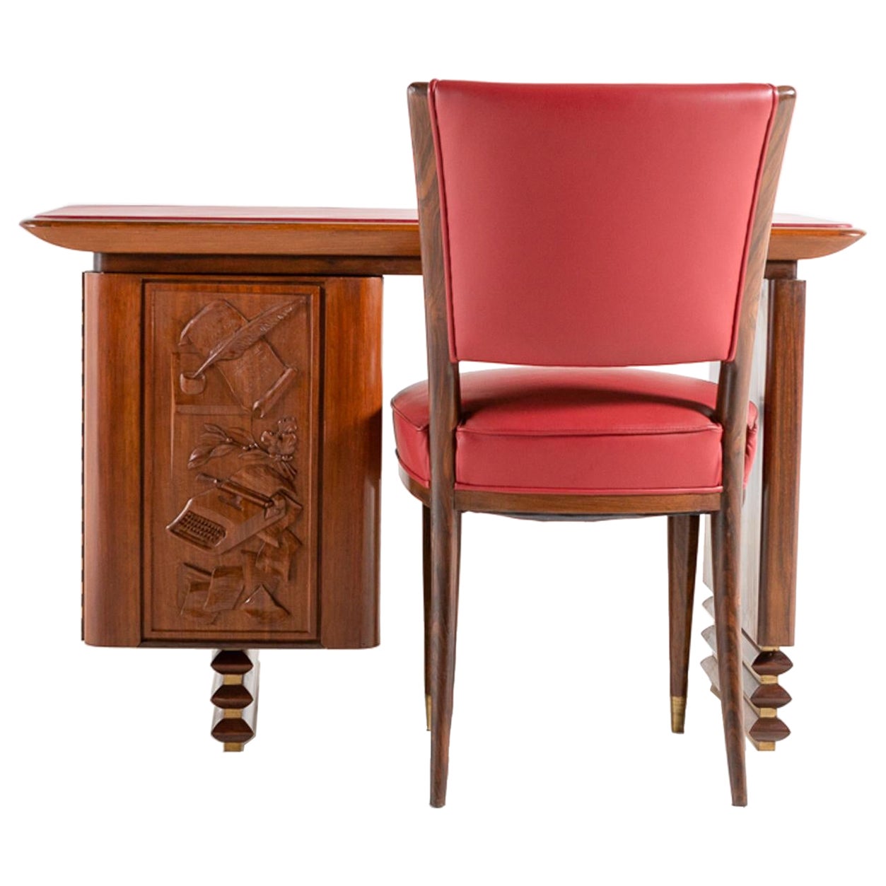 Carved Walnut and Rosewood Desk with Matching Chair, Italy, 1960
