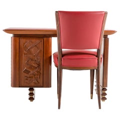 Vintage Carved Walnut and Rosewood Desk with Matching Chair, Italy, 1960