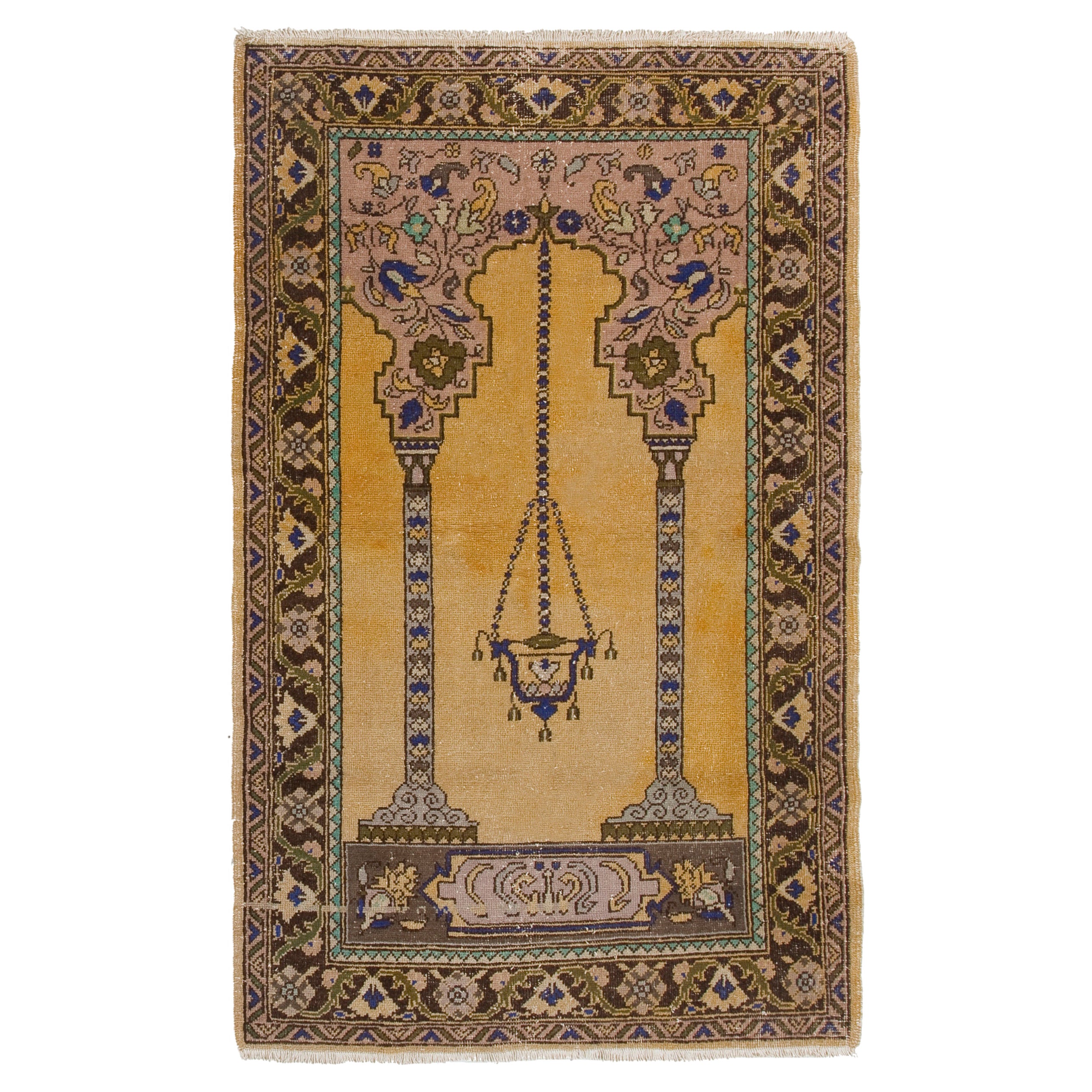 3.2x5.3 Ft Vintage Prayer Rug Depicting a Chandelier, Couple of Columns, Flowers