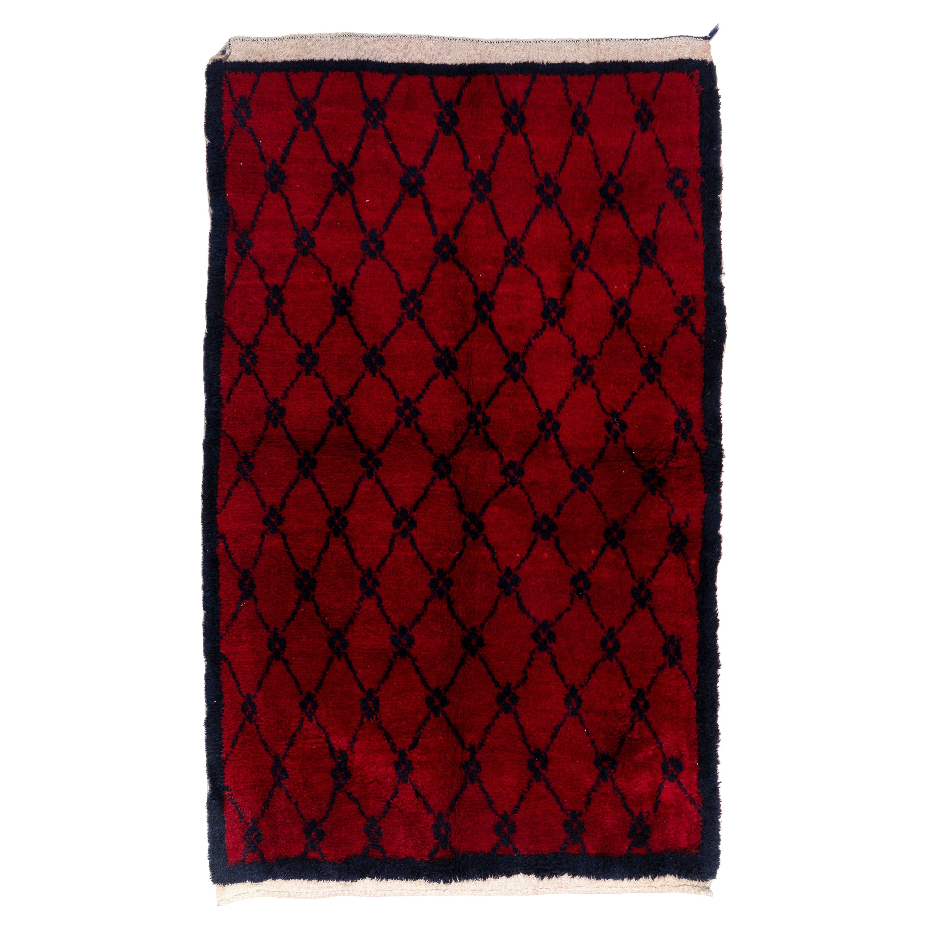 Handgefertigter türkischer Vintage Tulu-Teppich in Burgunderrot und Dunkelblau in 4.3x6 Ft aus Wolle im Angebot