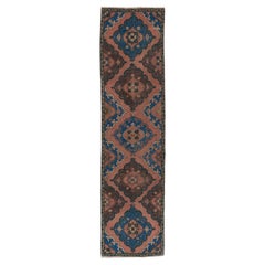 3x12 Ft Handmade Runner Rug, Vintage Oriental Carpet in Maroon Red, Blue