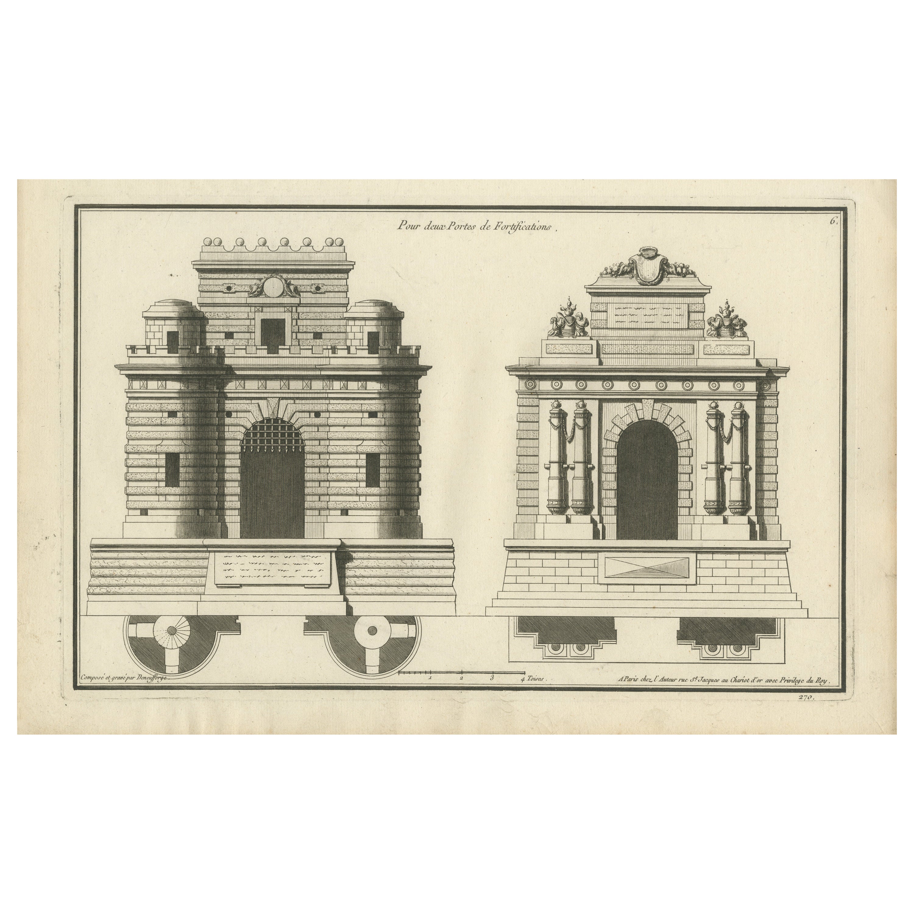 18th Century Engraving Neoclassical Fortified Gateways by Neufforge, Circa 1770