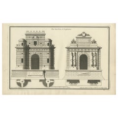 Antique 18th Century Engraving Neoclassical Fortified Gateways by Neufforge, Circa 1770