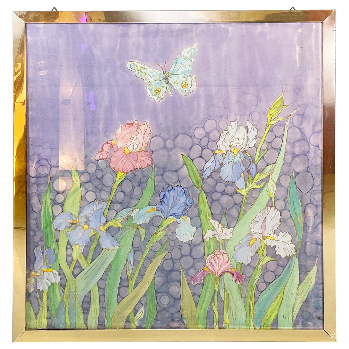 Italian liberty Canvas painting with flowers and butterfly in metal frame, 1970s For Sale