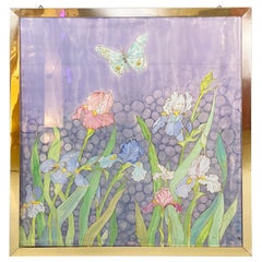 Italian liberty Canvas painting with flowers and butterfly in metal frame, 1970s