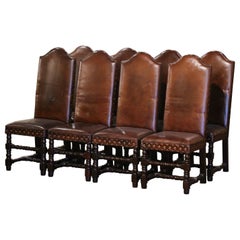Antique  Early 20th Century French Baroque Carved Walnut Chairs with Leather, Set of 8