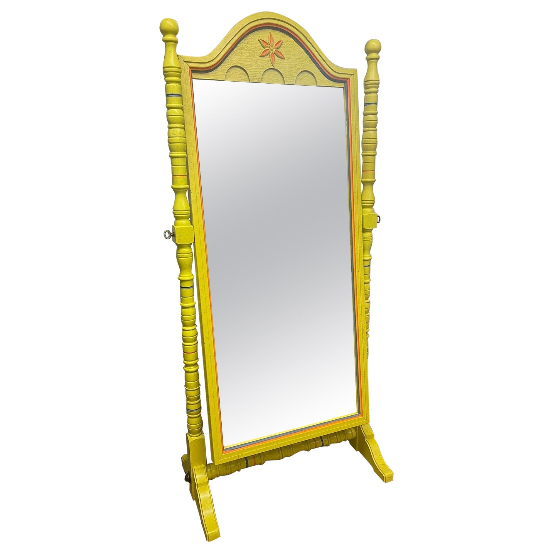 Vintage Retro Style Yellow Floor Mirror Carved Wood For Sale