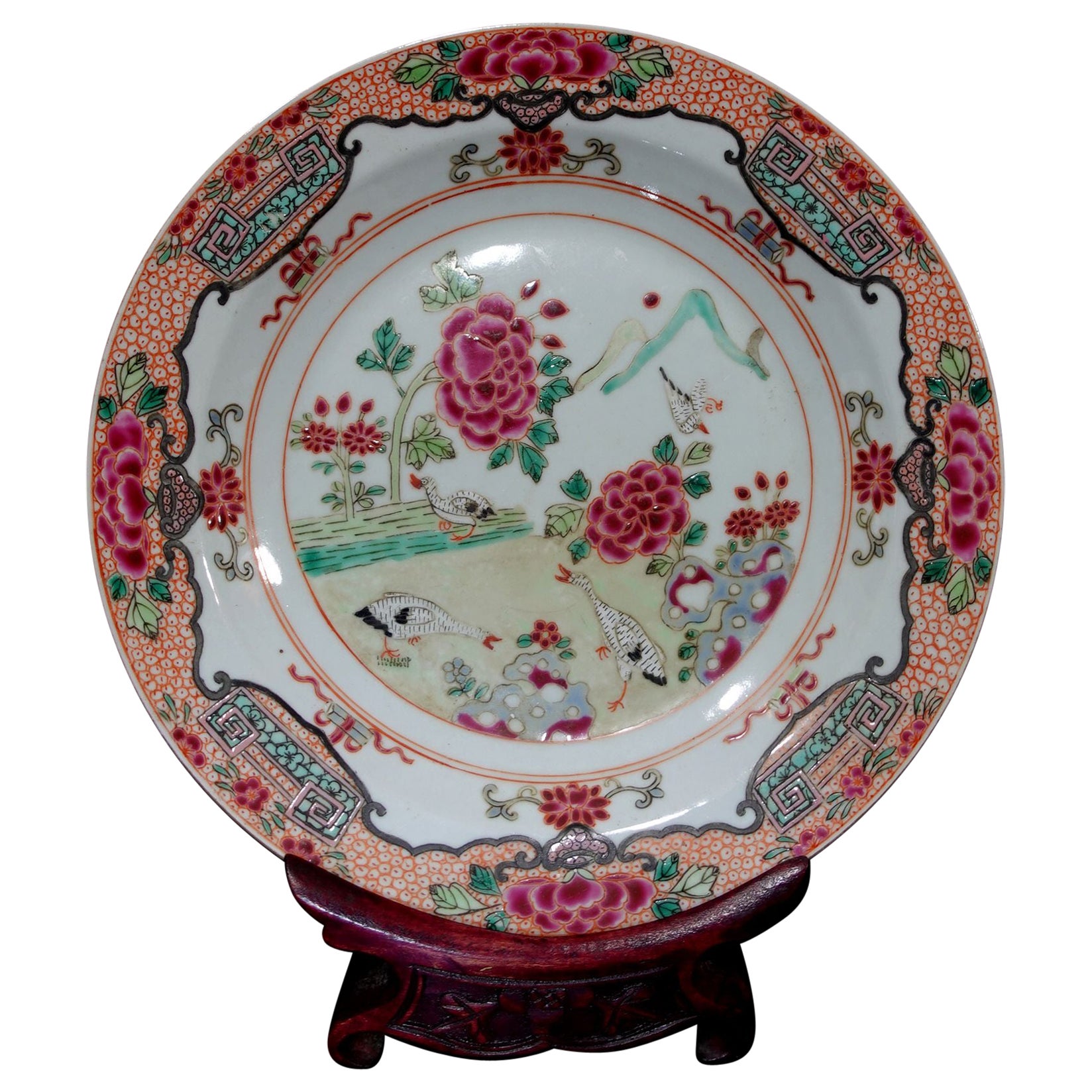 Antique A Famille Rose Plates on Wood Stand , 18th Century For Sale