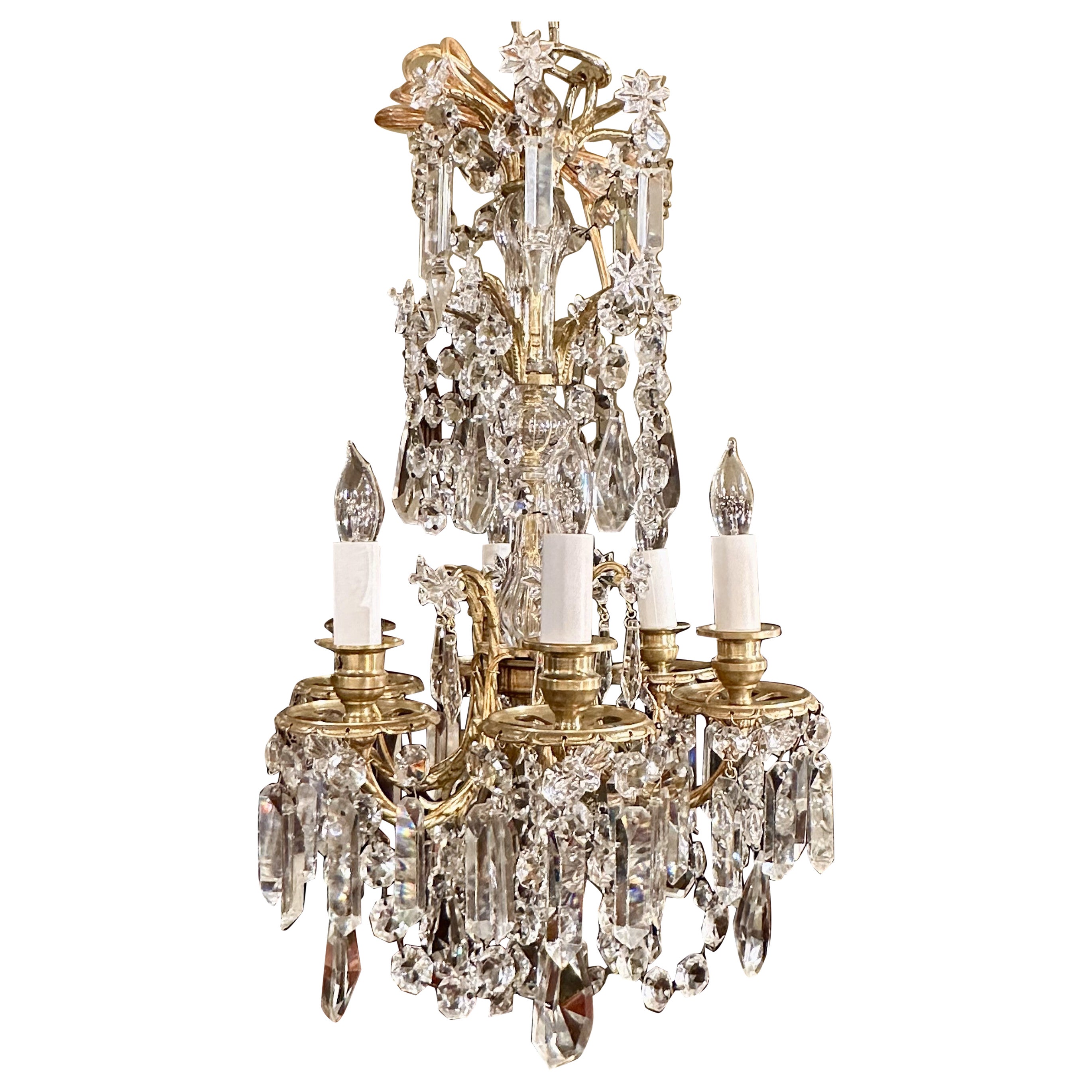 Antique French Napoleon III Gold Bronze & Cut Crystal Petite Chandelier Ca. 1885 For Sale
