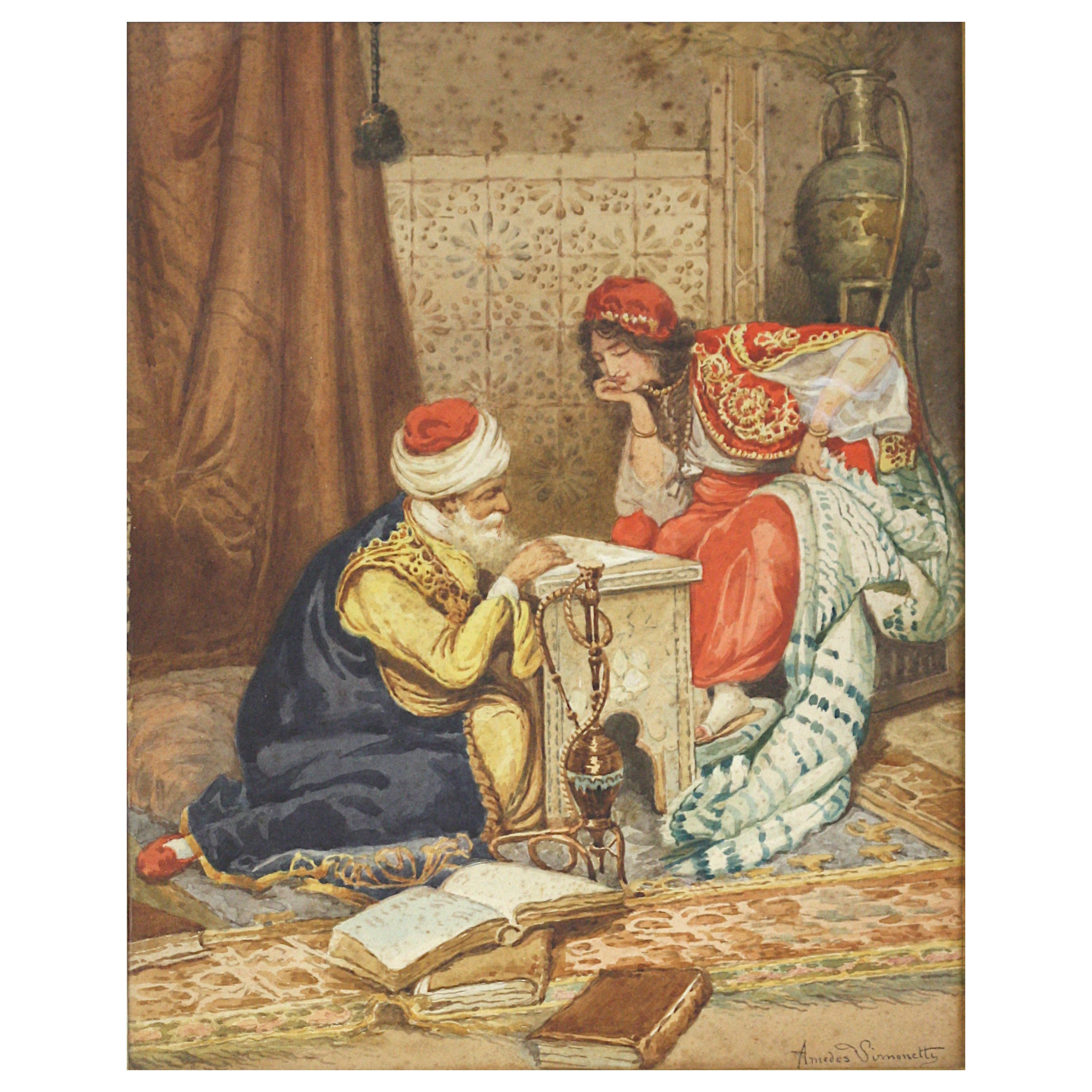 Amedes Simonetti, Teacher and a Young Woman, gouache on paper signed For Sale