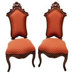 19th Century Walnut Victorian Hand-Carved Chairs - a Pair