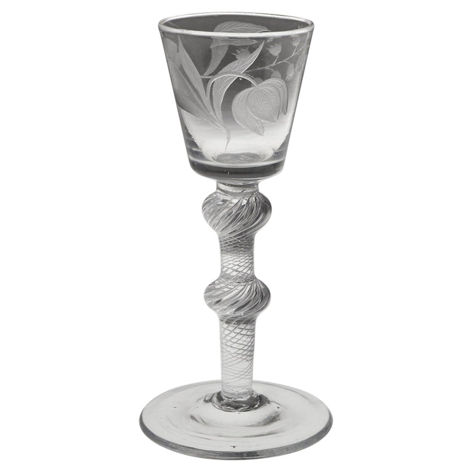 Air Twist Wine Glass with Engraved Bucket Bowl c1750 For Sale