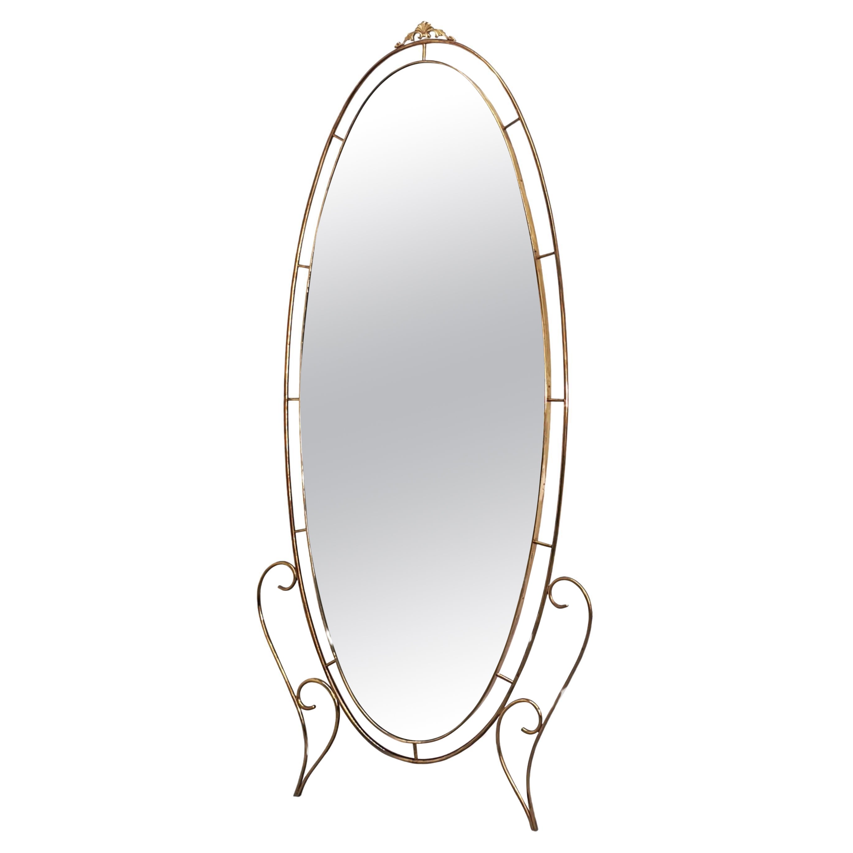 Large oval brass floor mirror 40s 50s For Sale