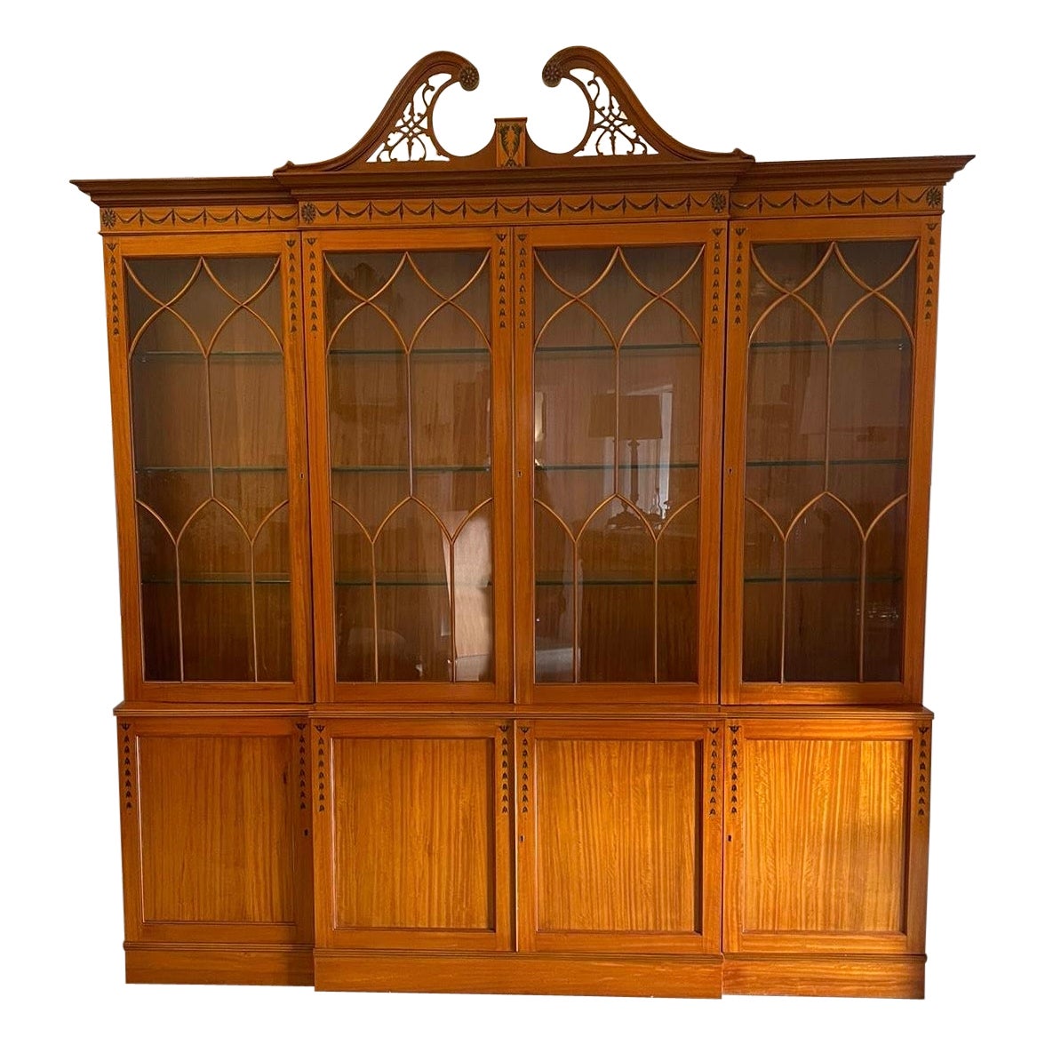 Large Quality Satinwood Astral Glazed Breakfront Display Cabinet For Sale